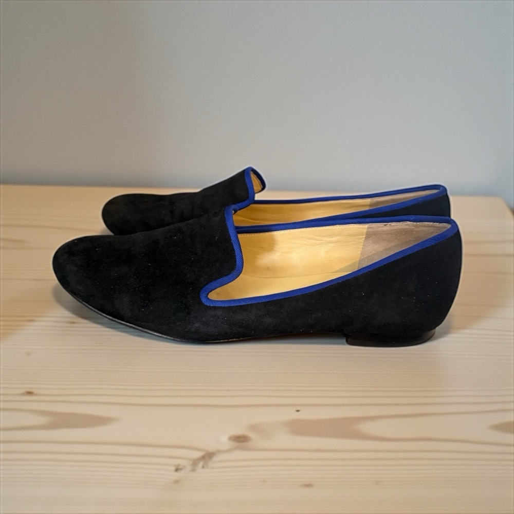 Cole Haan Classic black suede heavy royal blue grosgrain ribbon trim Flat 9.5 - Picture 2 of 5